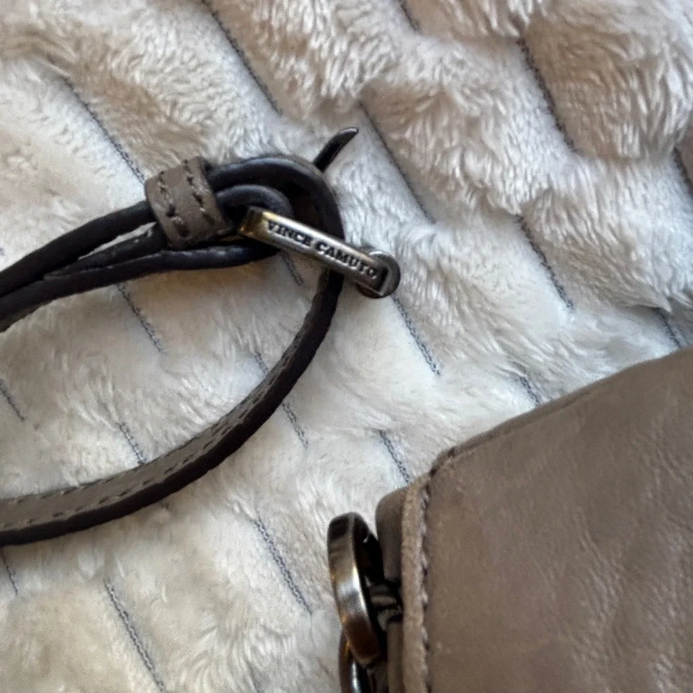 Vince Camuto Taupe Pebbled Leather Crossbody Flap Bag Gunmetal Frame